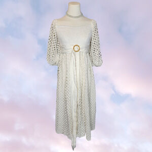 NWT Place Nationale Ivory Azuretti Maxi Mesh Lace Puffy Sleeve Belted Dress Sz S